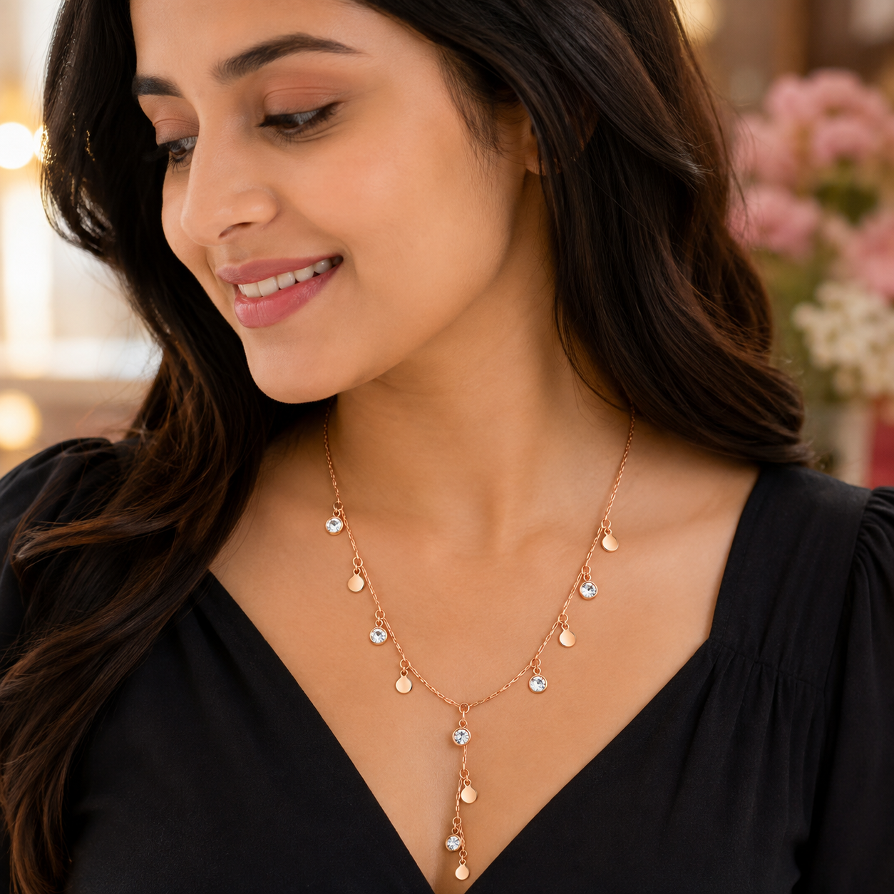 Rose-Gold Crystal Charm Lariat Necklace